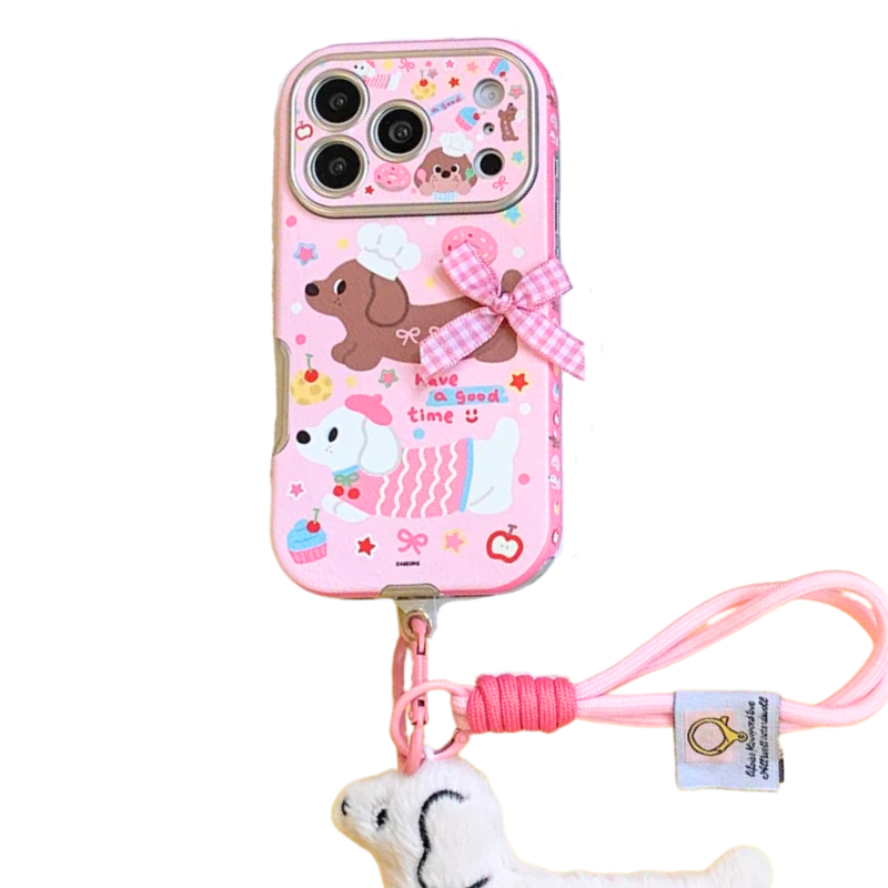 【スウィートダックス】チェックリボン×ドッグデザイン  ストラップ付き スマホケース｜iPhone対応 #241228