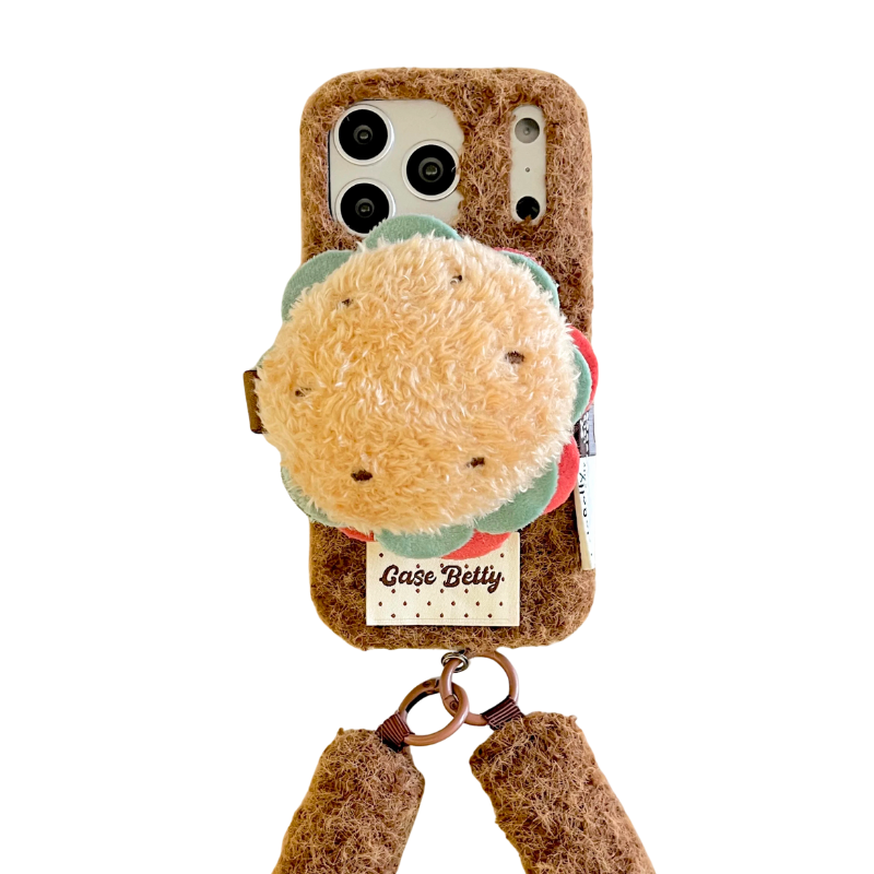 【スイーツモチーフシリーズ】レインボーケーキ ＆ ハンバーガー スマホケース｜ふわもこ立体デザイン × ハンドストラップ付き｜iPhone対応 #241201