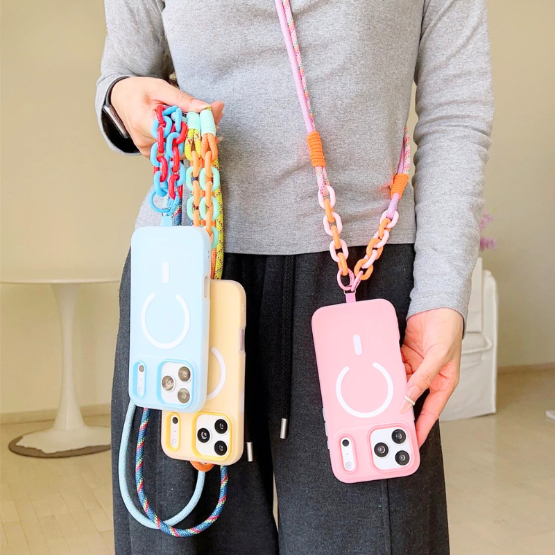 カラーチェーン付き ポップデザイン Magnet内蔵 パステルカラー iPhoneケース｜肩掛け・ハンズフリー #231204
