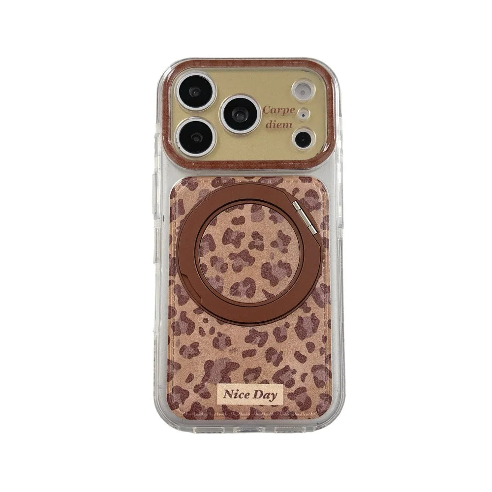 【レトロ】ヒョウ柄 レザー調 リングスタンド Magnet内蔵 iPhoneケース｜韓国っぽ・ブラウン系 レオパード PCA #261287