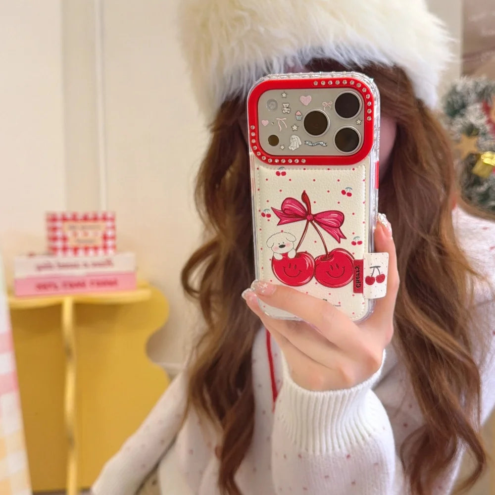 【チェリーリボンドッグ】チェリーデザイン 犬 水玉 ドット スマホケース｜iPhone対応 #240627