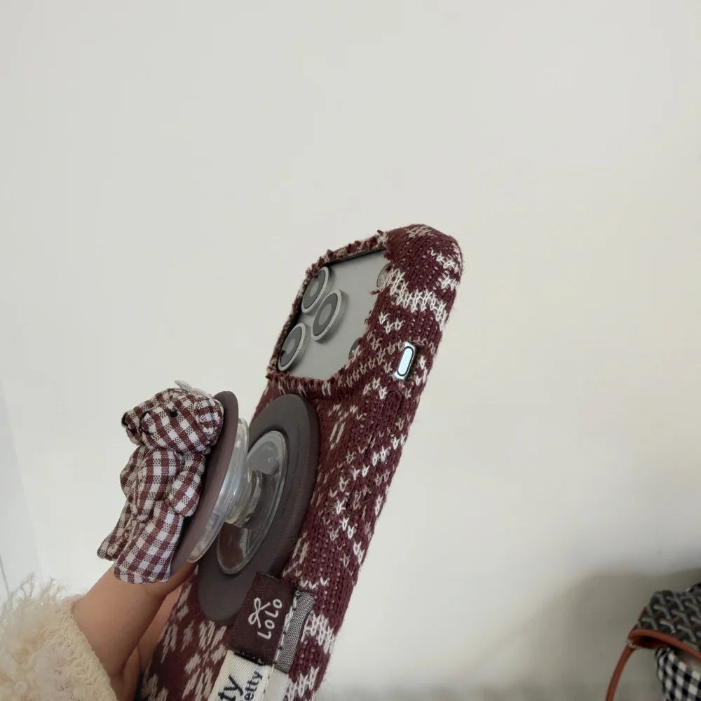 クラシックニット ベアグリップ iPhoneケース｜秋冬ツイード風デザイン #240416