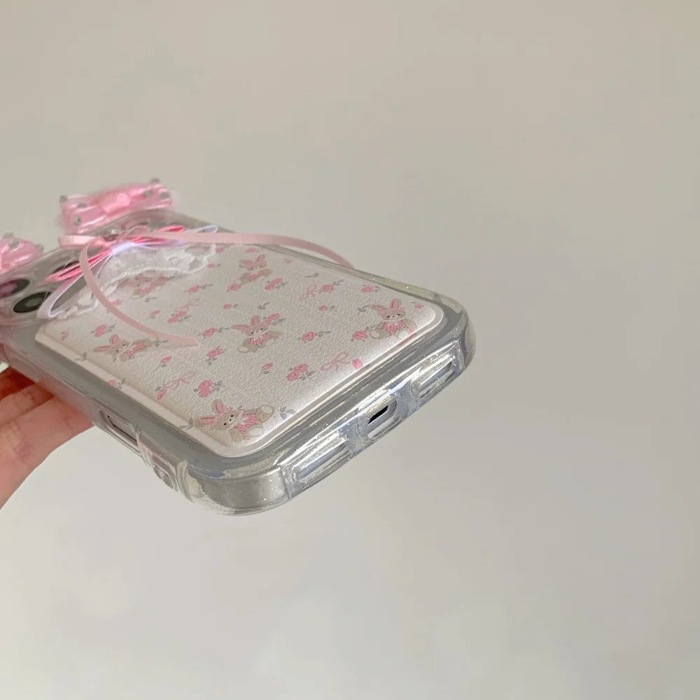 ネコ耳 ガーリー ベア ラビット レース iPhoneケース｜立体リボン＆透明ハードカバー #240425