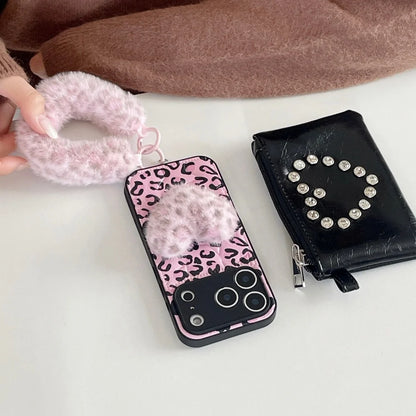 ファーハート付き ピンクレオパード ヒョウ柄 iPhoneケース #240507
