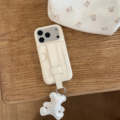 ベアチャーム ハンドベルト付き カードホルダー iPhoneケース｜淡色レザー調 #260007