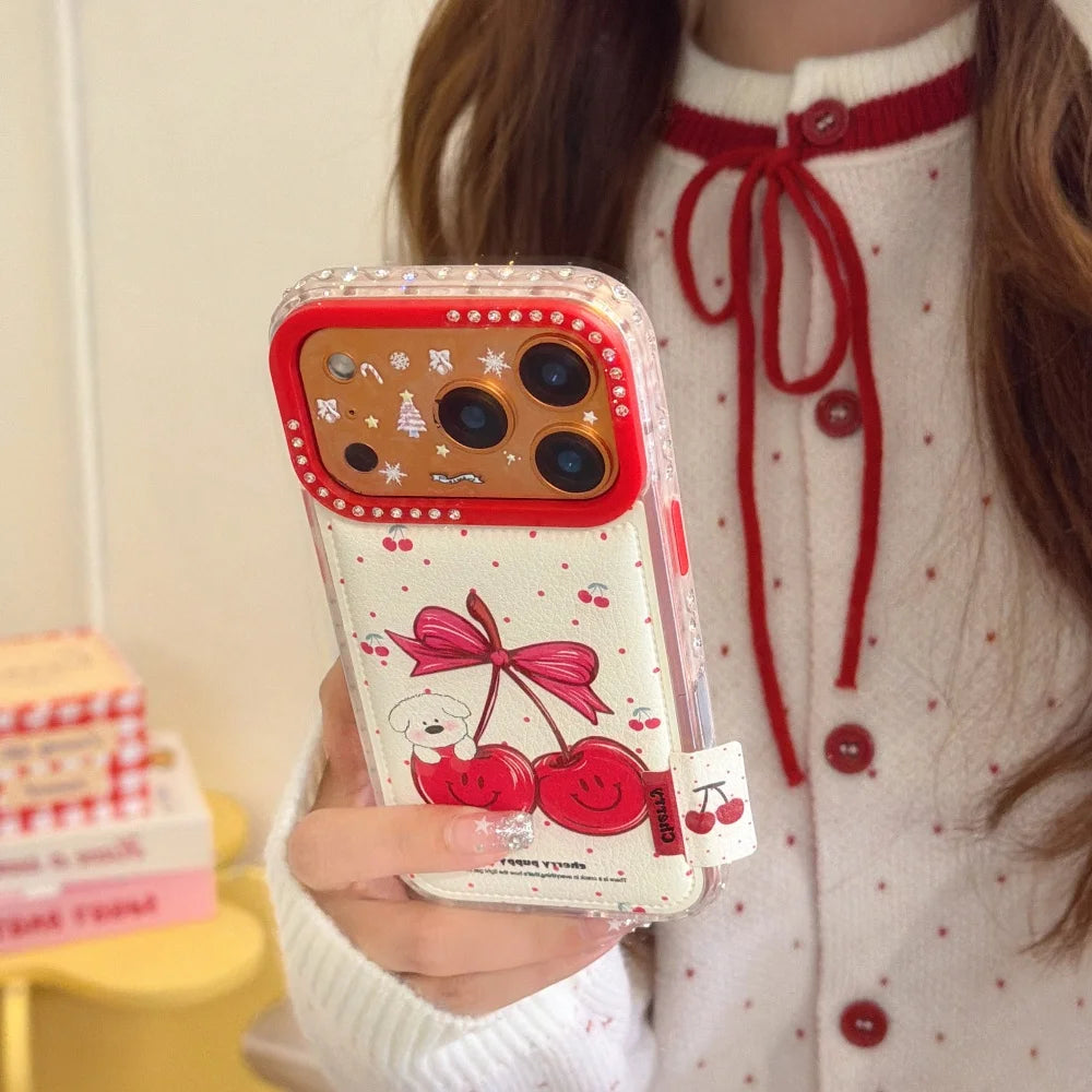 【チェリーリボンドッグ】チェリーデザイン 犬 水玉 ドット スマホケース｜iPhone対応 #240627