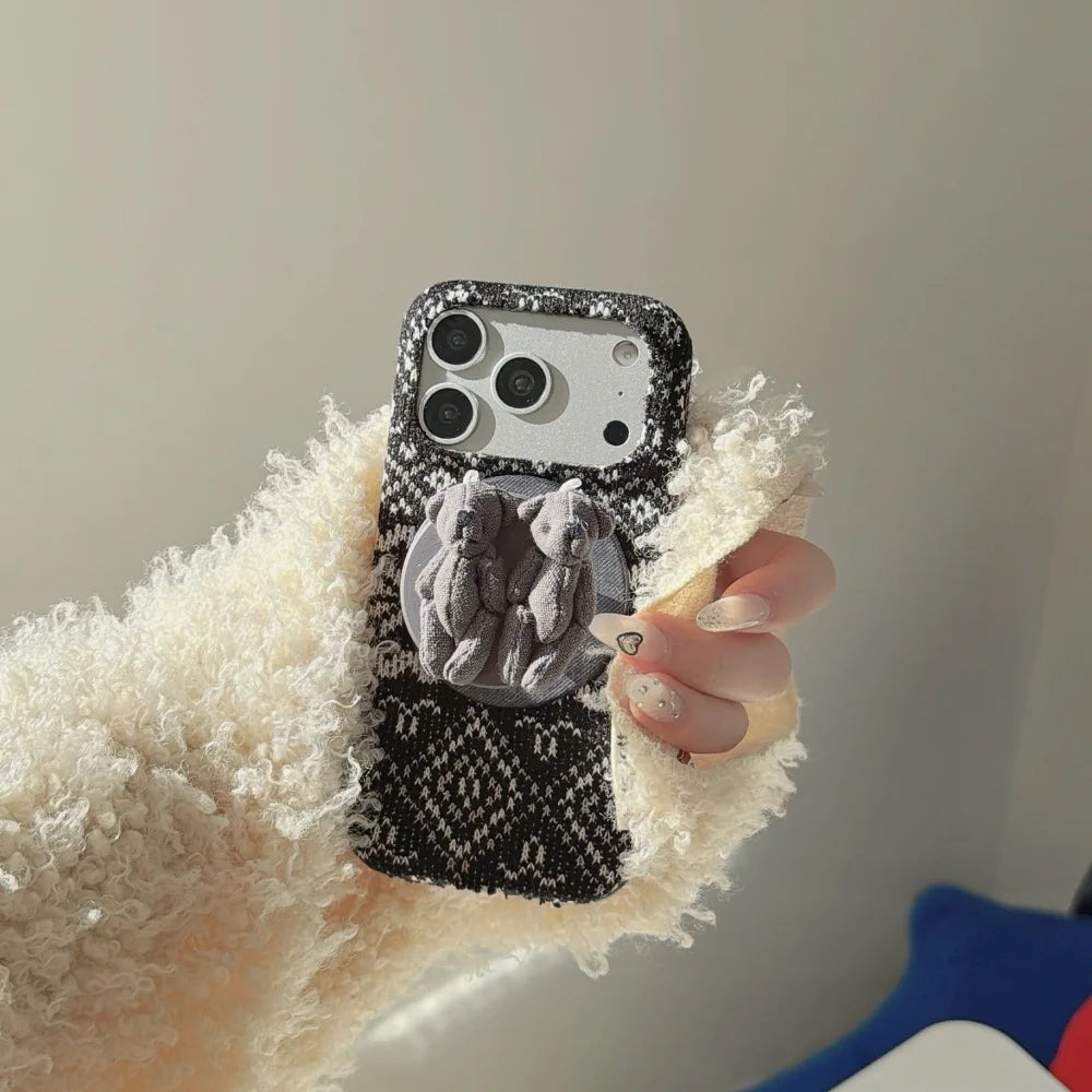 クラシックニット ベアグリップ iPhoneケース｜秋冬ツイード風デザイン #240416