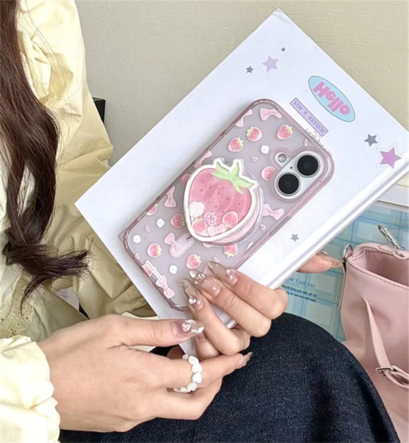 【いちごモチーフ】ゆめかわ立体スタンド付き リボンケース｜iPhone対応 #250507