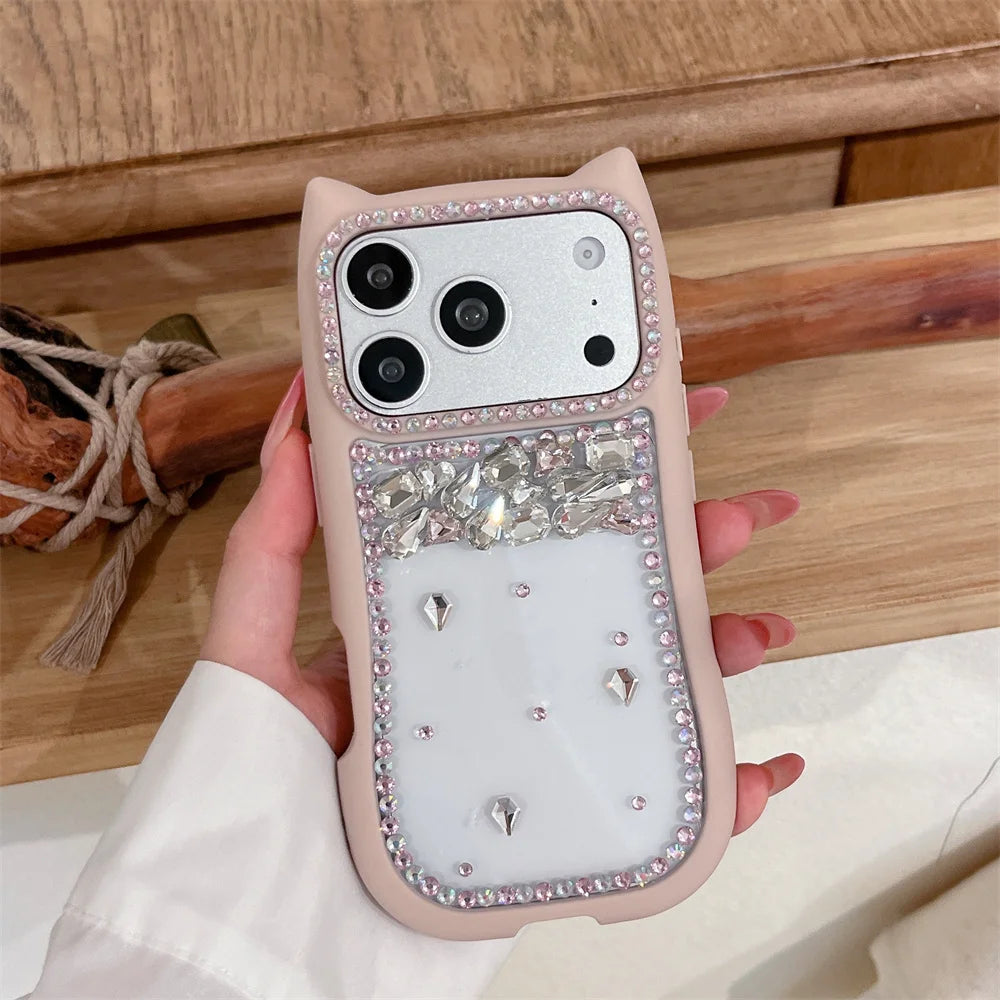 猫耳シリーズ キラキラ リボン ビジューストラップ付き カラーフレーム クリア iPhoneケース #230721