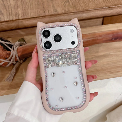 猫耳シリーズ キラキラ リボン ビジューストラップ付き カラーフレーム クリア iPhoneケース #230721