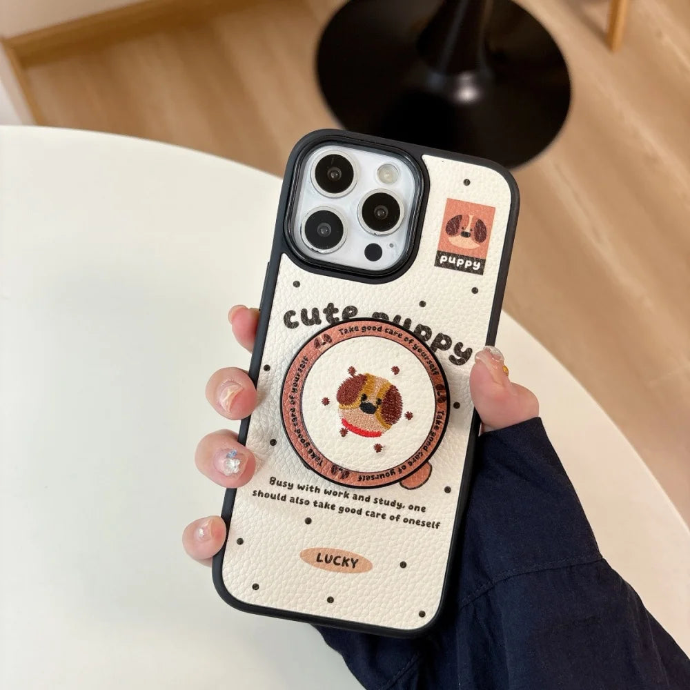 【Magnet内蔵】キュートパピー ベージュ ドット×イラスト ゆるかわスマホケース｜iPhone対応 #241028