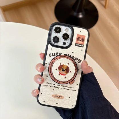 【Magnet内蔵】キュートパピー ベージュ ドット×イラスト ゆるかわスマホケース｜iPhone対応 #241028