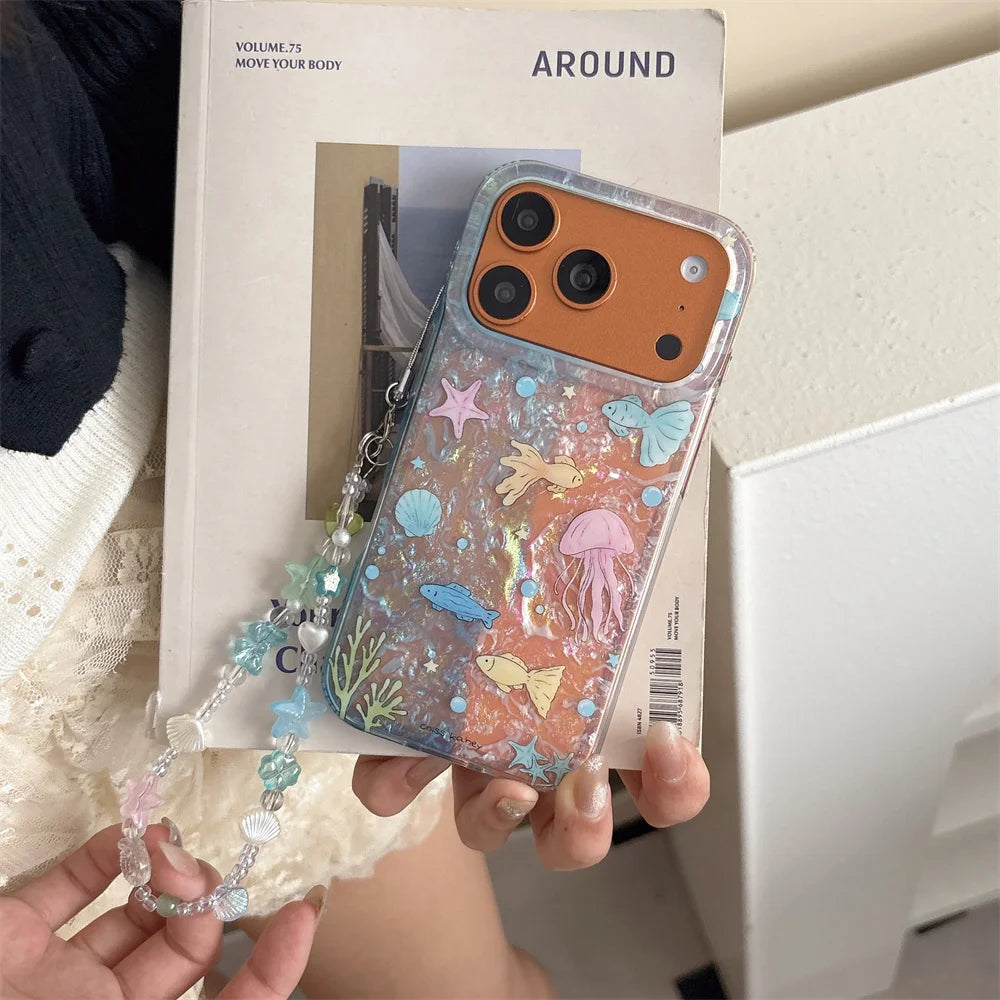 海の生き物 水彩デザイン チェーンケース付き iPhoneケース｜マリン・ガーリー #260096