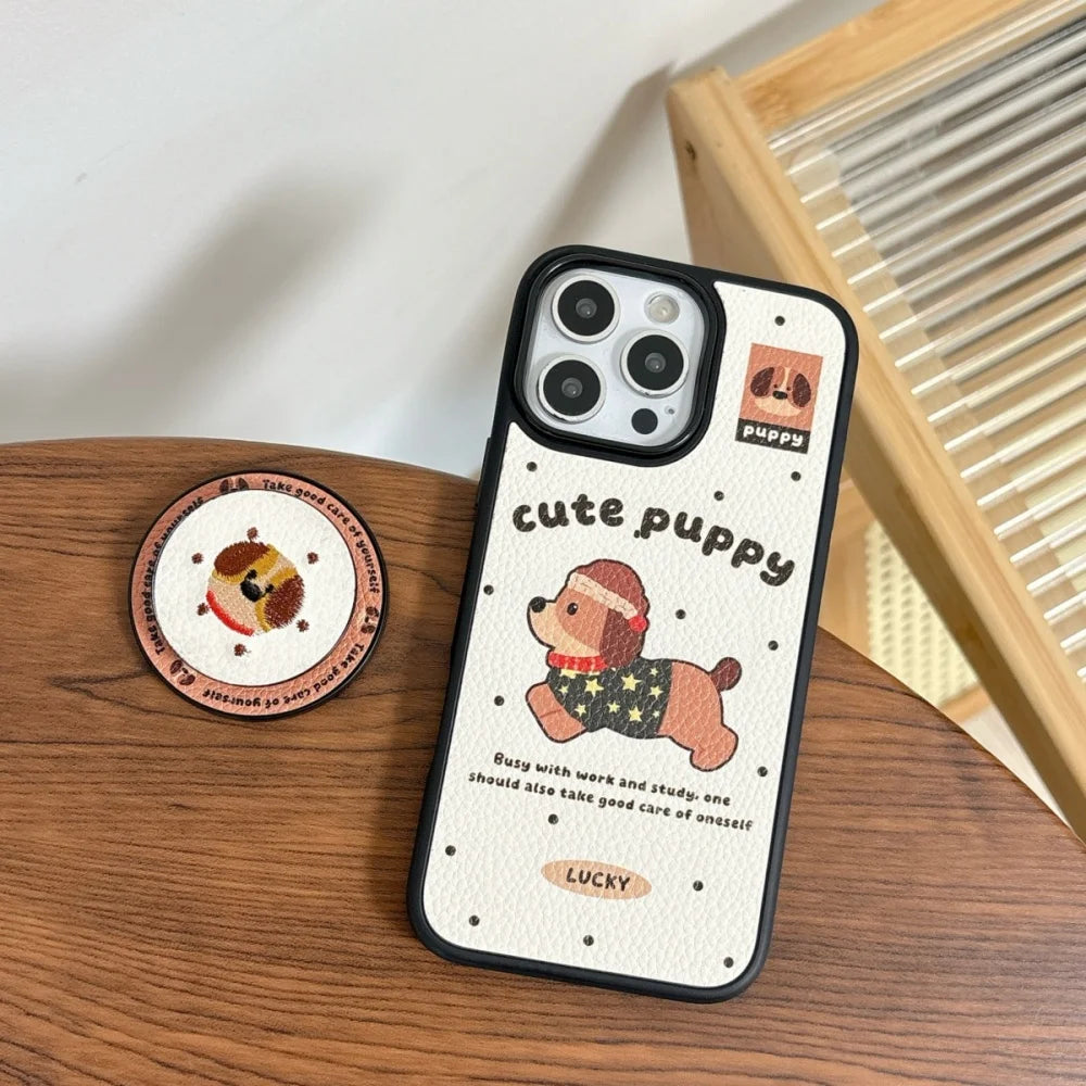 【Magnet内蔵】キュートパピー ベージュ ドット×イラスト ゆるかわスマホケース｜iPhone対応 #241028