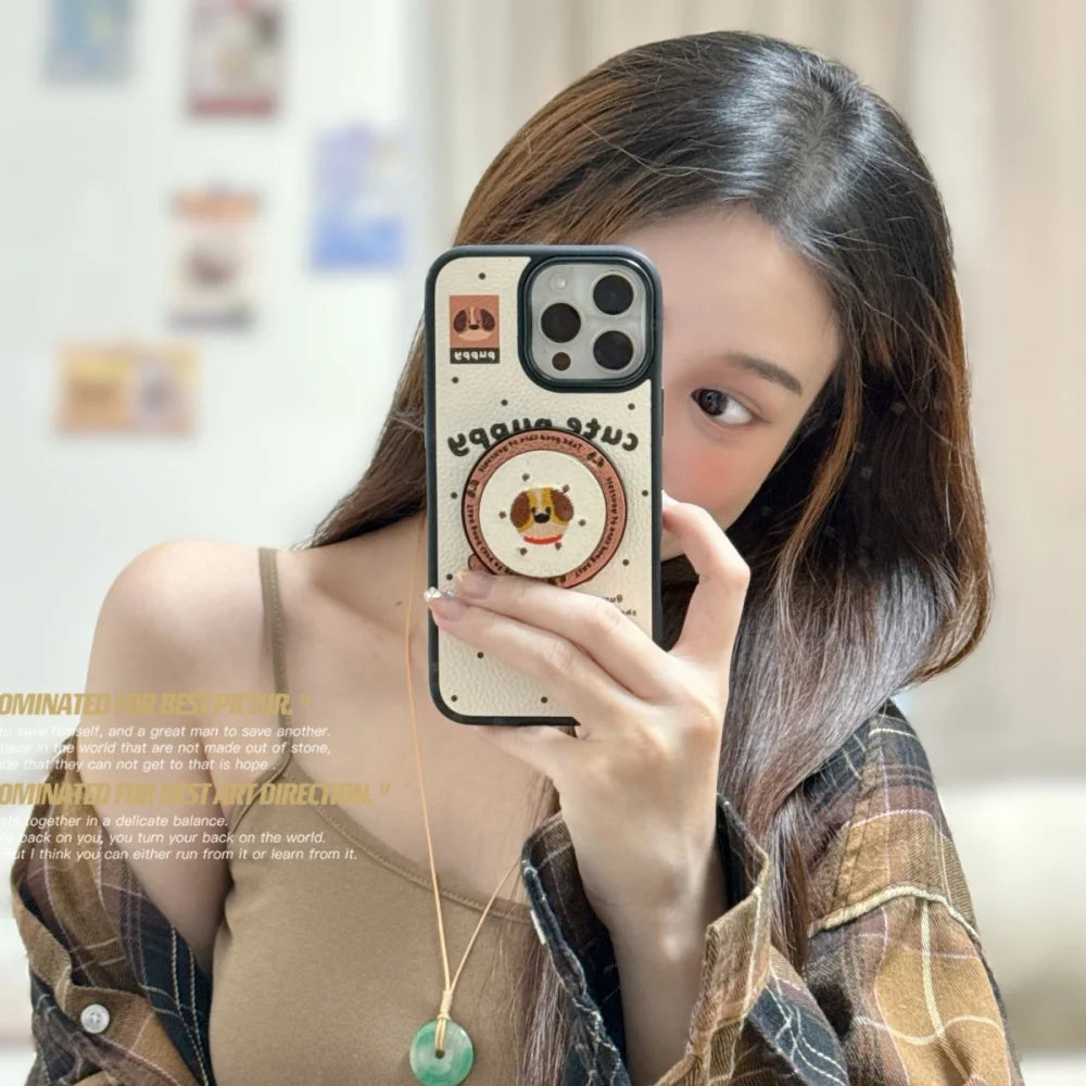 【Magnet内蔵】キュートパピー ベージュ ドット×イラスト ゆるかわスマホケース｜iPhone対応 #241028