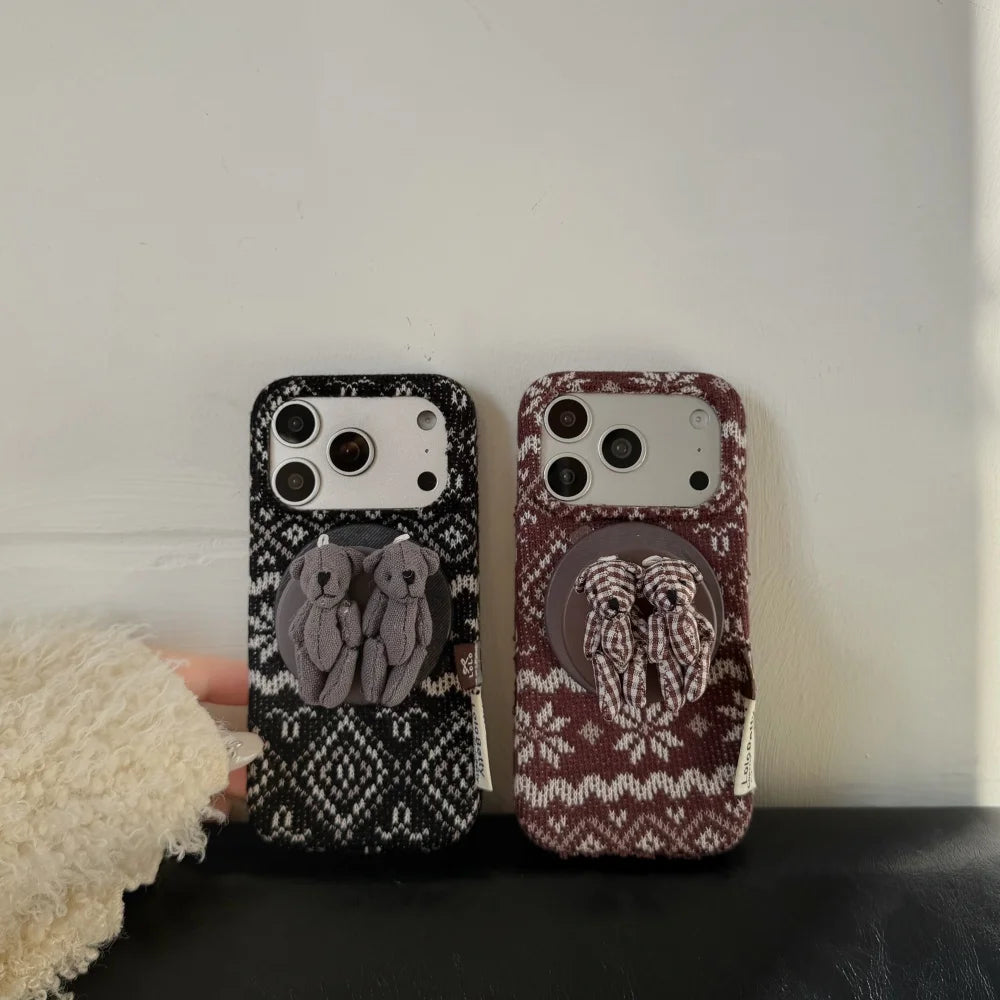 クラシックニット ベアグリップ iPhoneケース｜秋冬ツイード風デザイン #240416