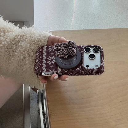 クラシックニット ベアグリップ iPhoneケース｜秋冬ツイード風デザイン #240416