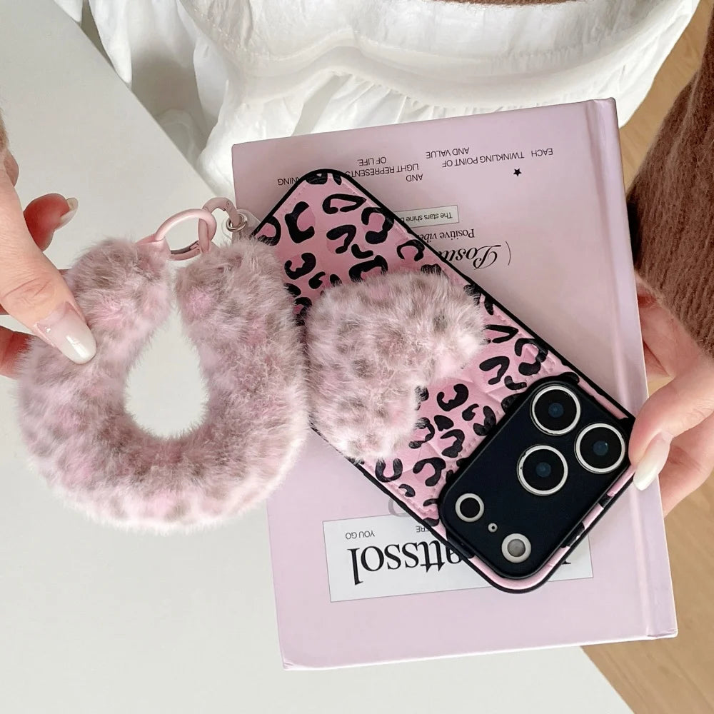 ファーハート付き ピンクレオパード ヒョウ柄 iPhoneケース #240507