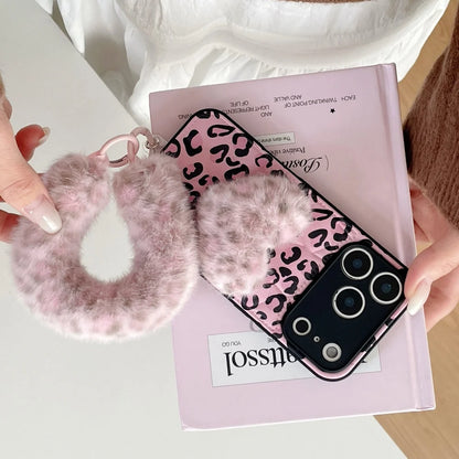 ファーハート付き ピンクレオパード ヒョウ柄 iPhoneケース #240507