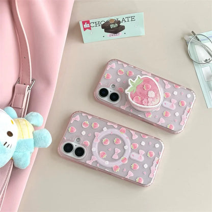 【いちごモチーフ】ゆめかわ立体スタンド付き リボンケース｜iPhone対応 #250507