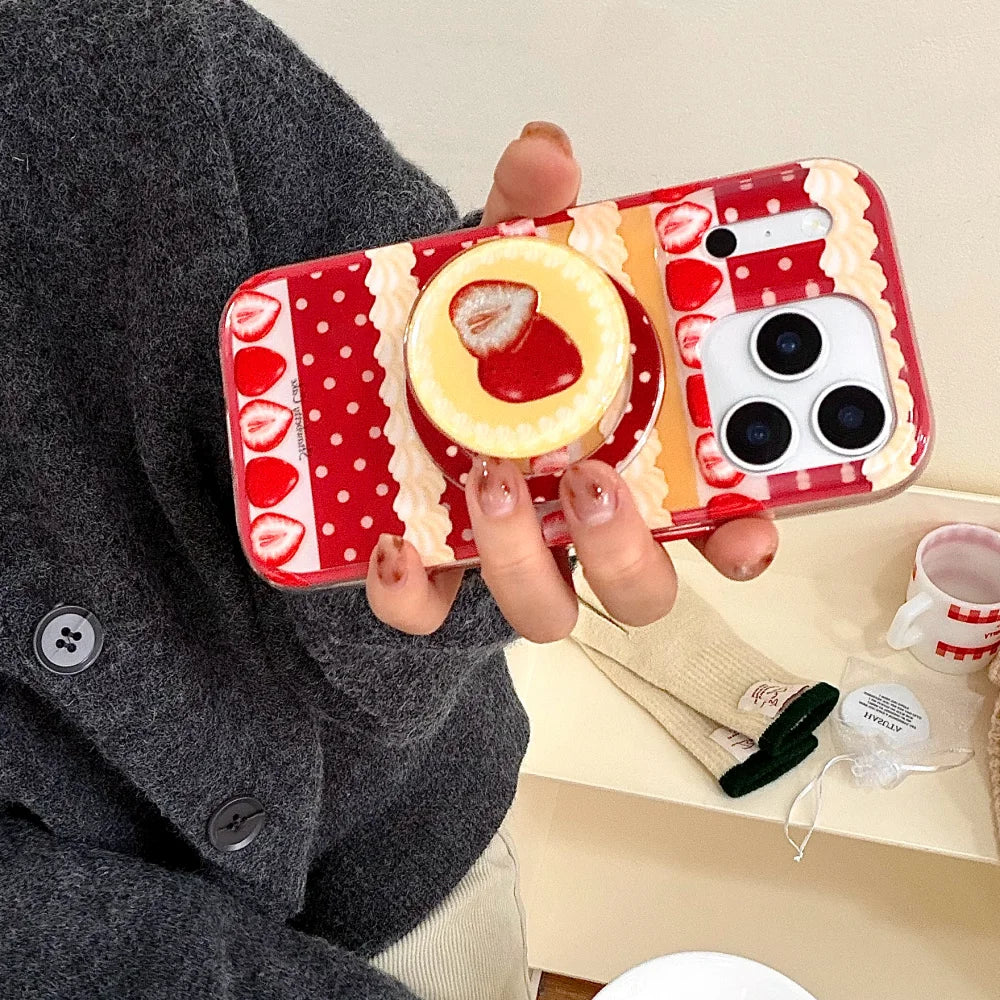 【Magnet内蔵】ストロベリーケーキ スイーツモチーフ × ポップソケット スマホケース｜iPhone対応 #240803