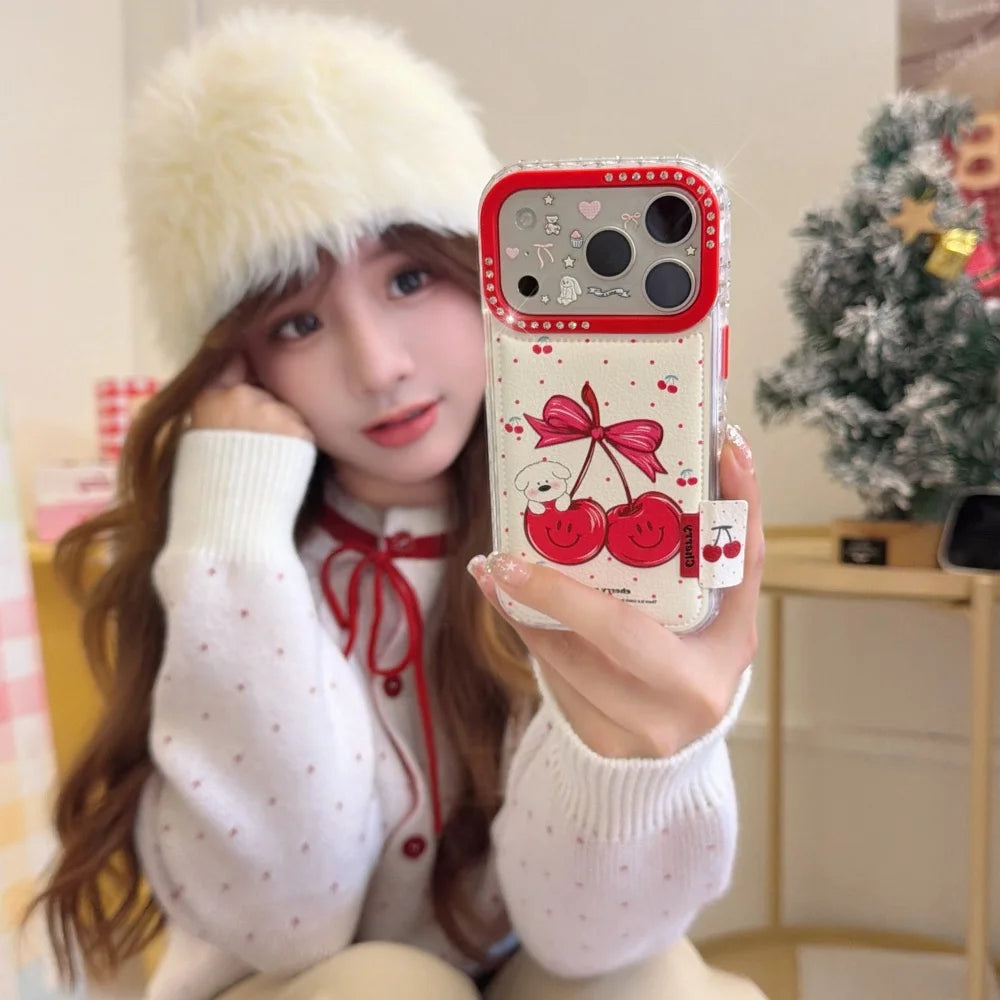 【チェリーリボンドッグ】チェリーデザイン 犬 水玉 ドット スマホケース｜iPhone対応 #240627