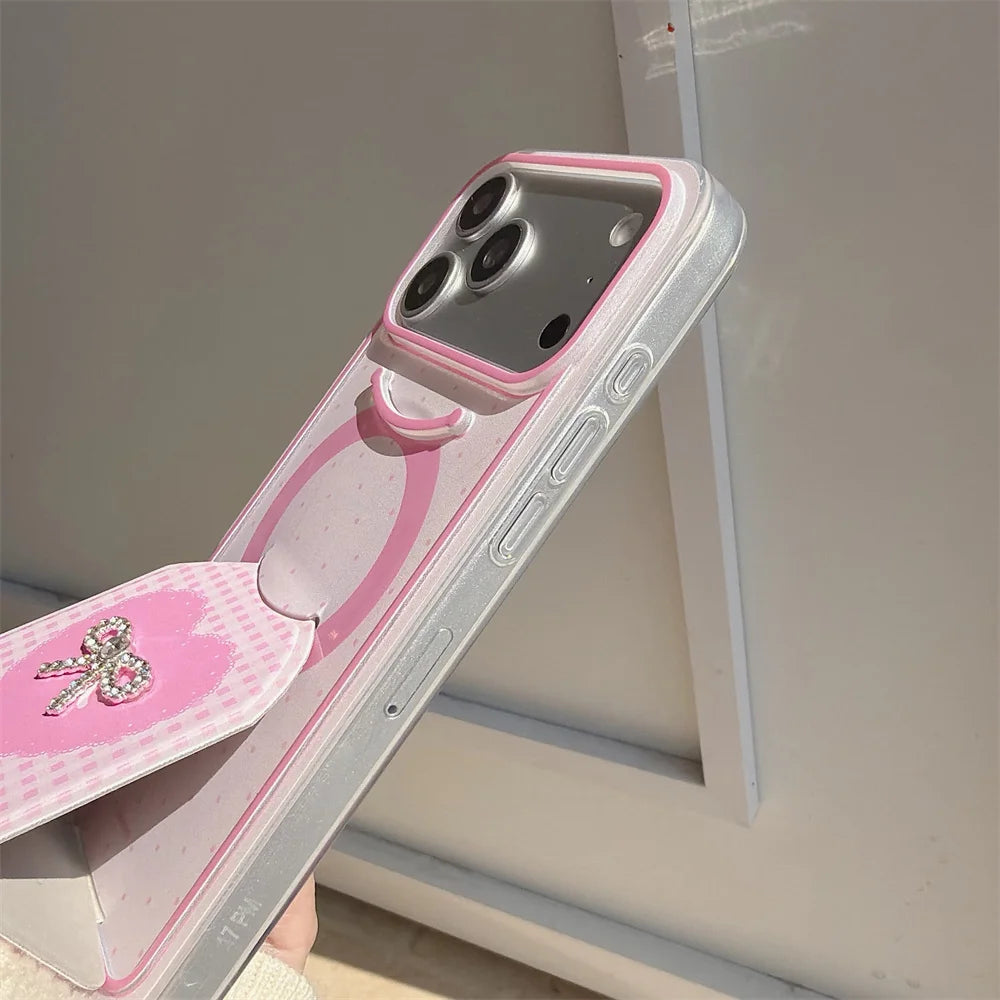 ビジューリボン 折りたたみスタンド iPhoneケース｜フェミニンデザイン #240323