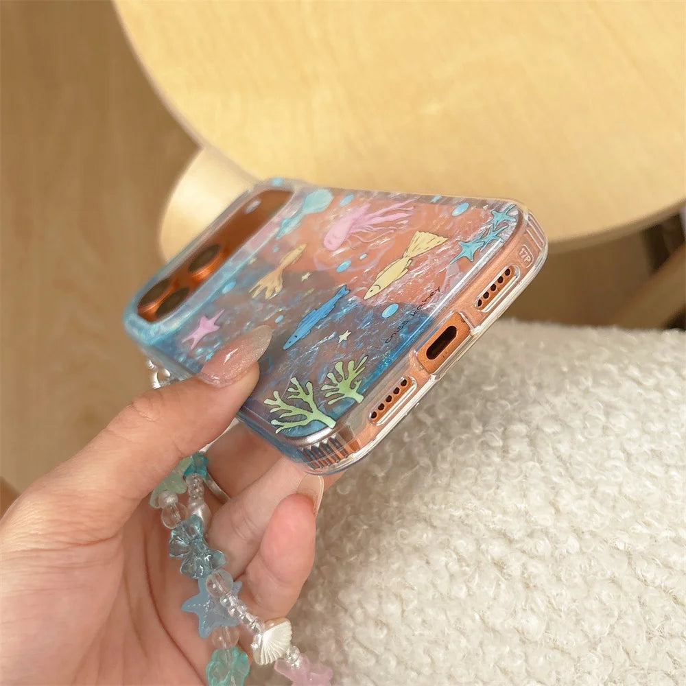 海の生き物 水彩デザイン チェーンケース付き iPhoneケース｜マリン・ガーリー #260096