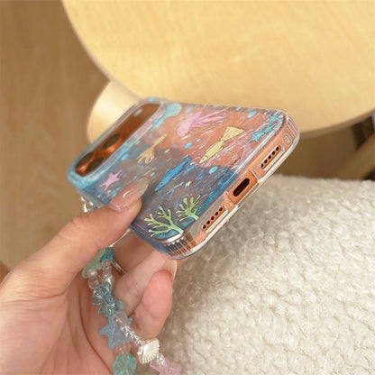 海の生き物 水彩デザイン チェーンケース付き iPhoneケース｜マリン・ガーリー #260096
