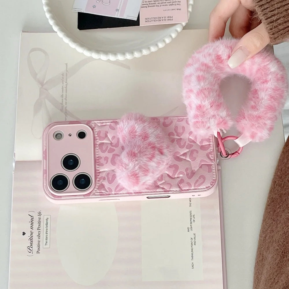 ファーハート付き ピンクレオパード ヒョウ柄 iPhoneケース #240507