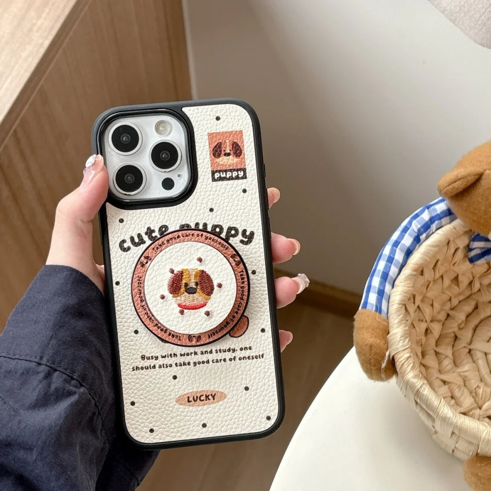 【Magnet内蔵】キュートパピー ベージュ ドット×イラスト ゆるかわスマホケース｜iPhone対応 #241028