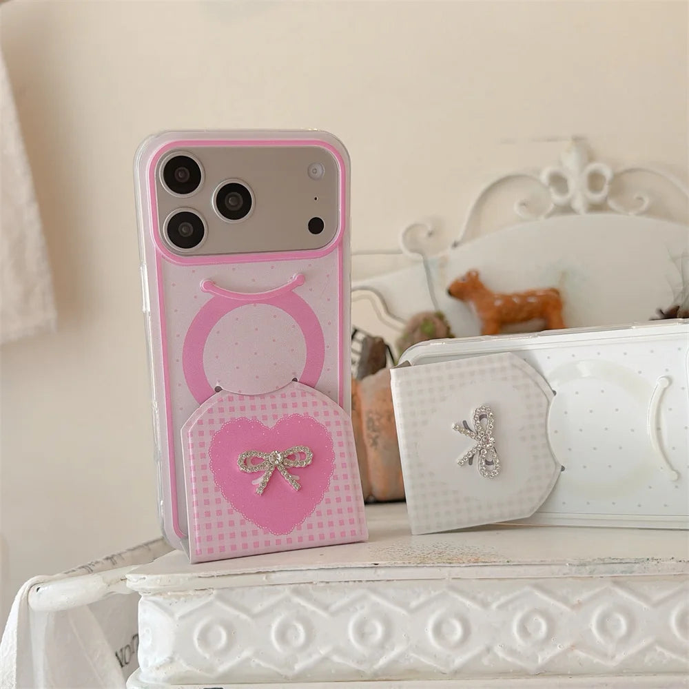 ビジューリボン 折りたたみスタンド iPhoneケース｜フェミニンデザイン #240323