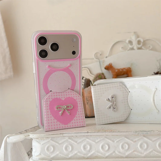 ビジューリボン 折りたたみスタンド iPhoneケース｜フェミニンデザイン #240323