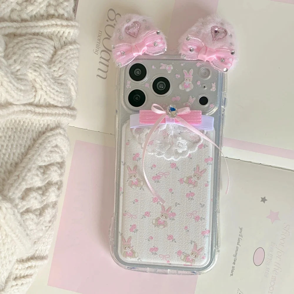 ネコ耳 ガーリー ベア ラビット レース iPhoneケース｜立体リボン＆透明ハードカバー #240425