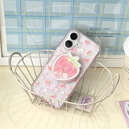 【いちごモチーフ】ゆめかわ立体スタンド付き リボンケース｜iPhone対応 #250507