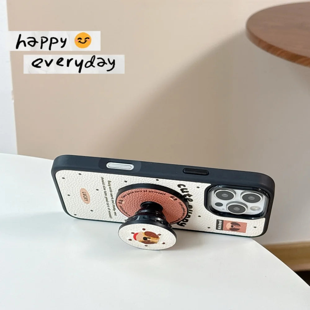 【Magnet内蔵】キュートパピー ベージュ ドット×イラスト ゆるかわスマホケース｜iPhone対応 #241028