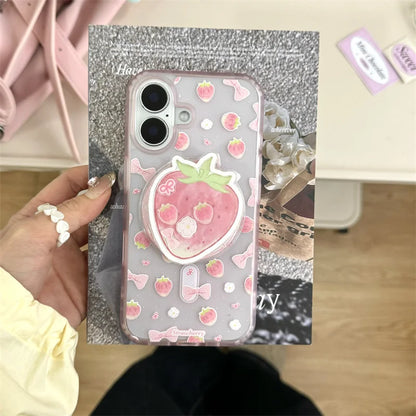 【いちごモチーフ】ゆめかわ立体スタンド付き リボンケース｜iPhone対応 #250507