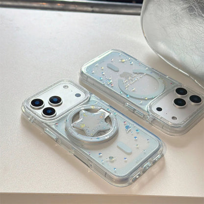 【Magnet内蔵】3D スターグリッターホルダー クリア キラキラ スマホケース｜iPhone対応 #240926