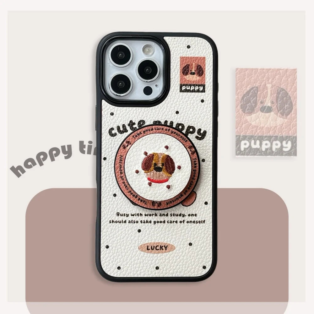 【Magnet内蔵】キュートパピー ベージュ ドット×イラスト ゆるかわスマホケース｜iPhone対応 #241028