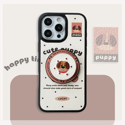 【Magnet内蔵】キュートパピー ベージュ ドット×イラスト ゆるかわスマホケース｜iPhone対応 #241028