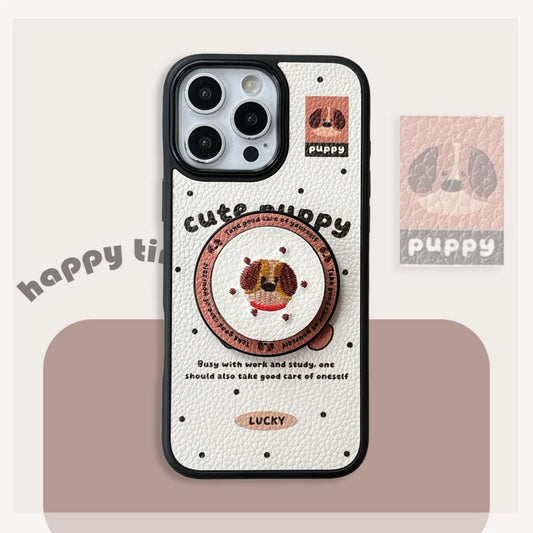 【Magnet内蔵】キュートパピー ベージュ ドット×イラスト ゆるかわスマホケース｜iPhone対応 #241028