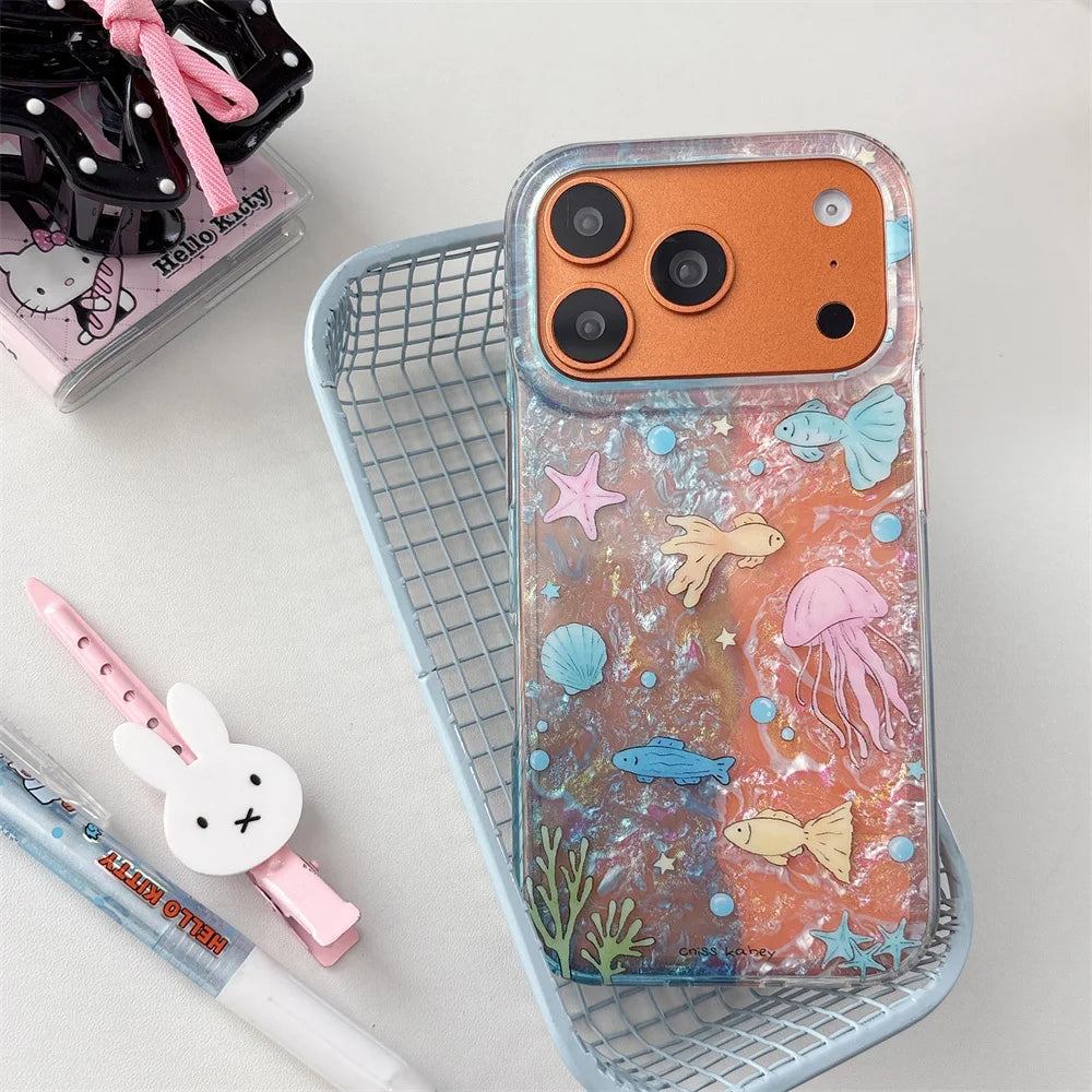 海の生き物 水彩デザイン チェーンケース付き iPhoneケース｜マリン・ガーリー #260096