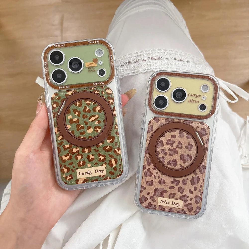 【レトロ】ヒョウ柄 レザー調 リングスタンド Magnet内蔵 iPhoneケース｜韓国っぽ・ブラウン系 レオパード PCA #261287