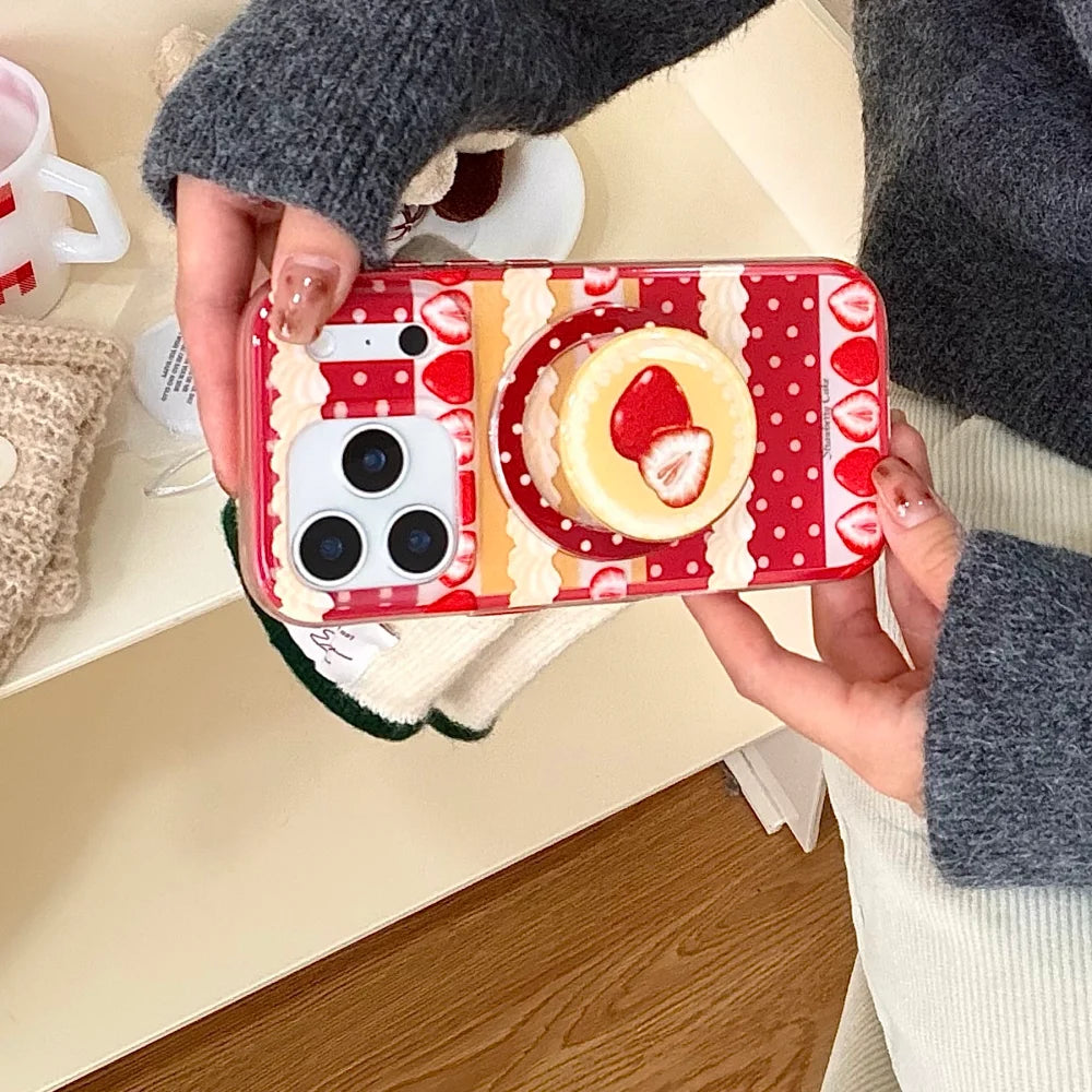【Magnet内蔵】ストロベリーケーキ スイーツモチーフ × ポップソケット スマホケース｜iPhone対応 #240803