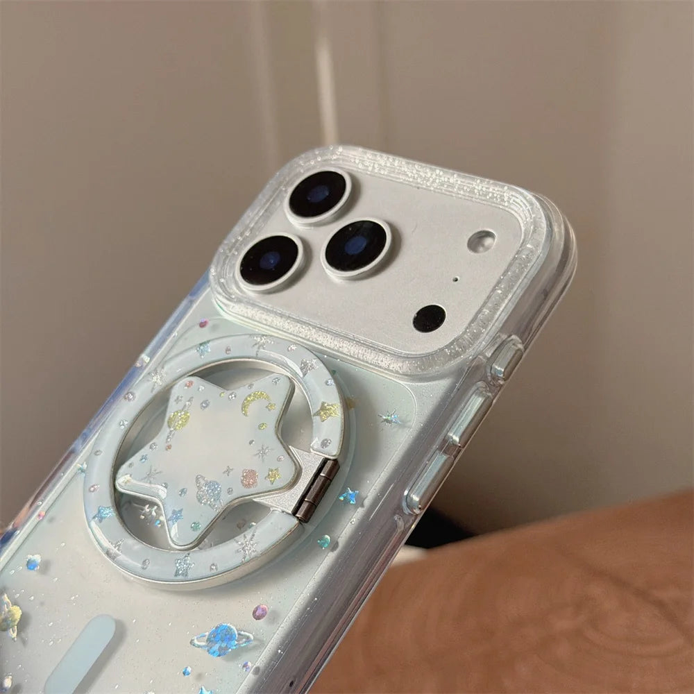 【Magnet内蔵】3D スターグリッターホルダー クリア キラキラ スマホケース｜iPhone対応 #240926