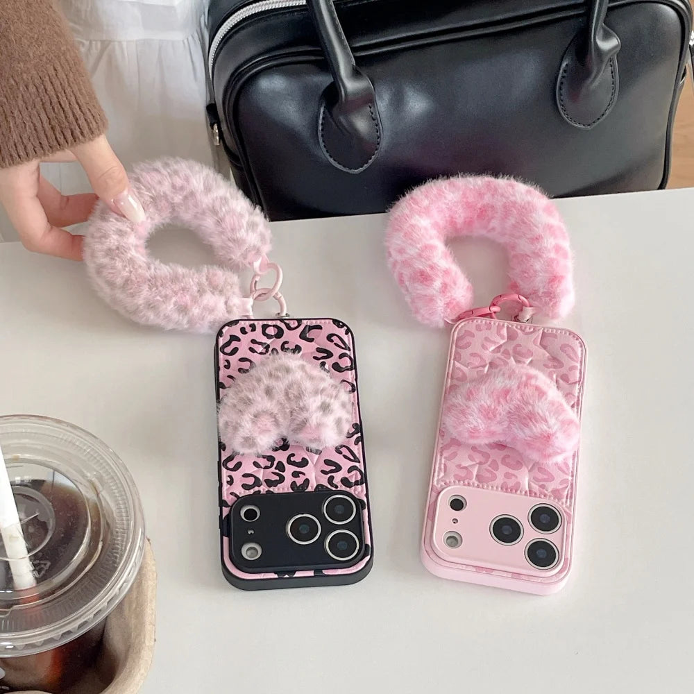 ファーハート付き ピンクレオパード ヒョウ柄 iPhoneケース #240507