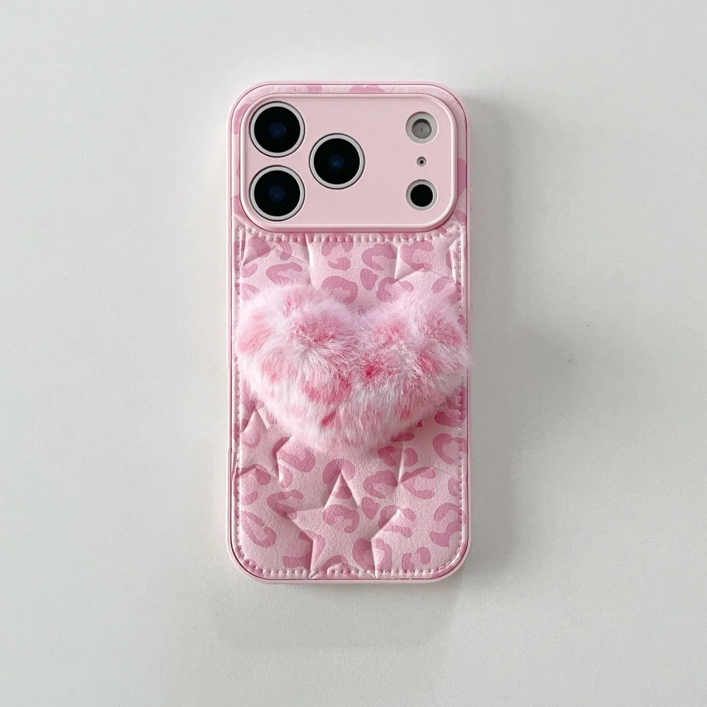 ファーハート付き ピンクレオパード ヒョウ柄 iPhoneケース #240507