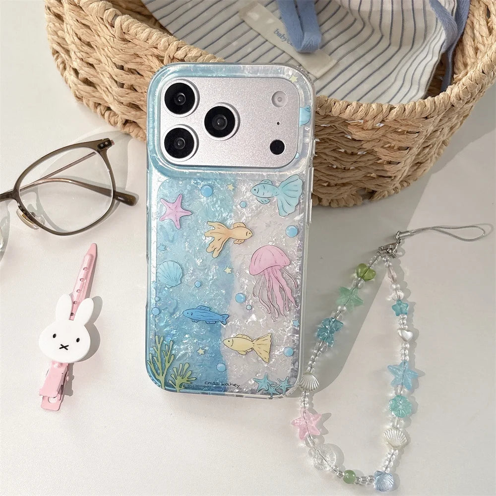 海の生き物 水彩デザイン チェーンケース付き iPhoneケース｜マリン・ガーリー #260096