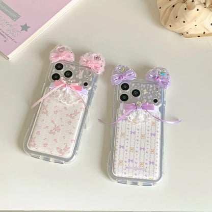 ネコ耳 ガーリー ベア ラビット レース iPhoneケース｜立体リボン＆透明ハードカバー #240425