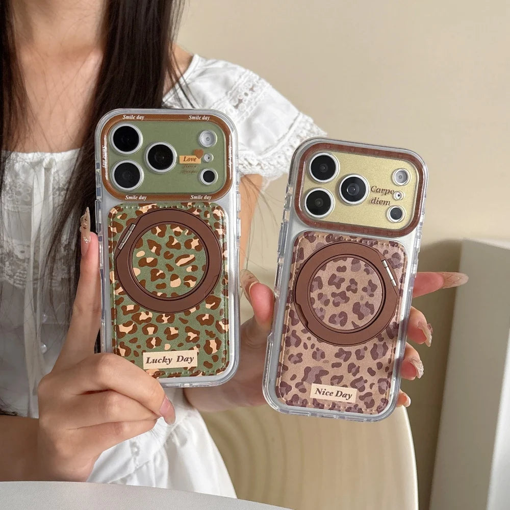 【レトロ】ヒョウ柄 レザー調 リングスタンド Magnet内蔵 iPhoneケース｜韓国っぽ・ブラウン系 レオパード PCA #261287